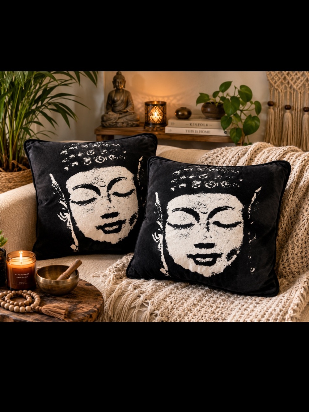 Buddha Lounge Pillows Set of 2 Zen Vibe Yoga Meditation Spiritual Black Velvety